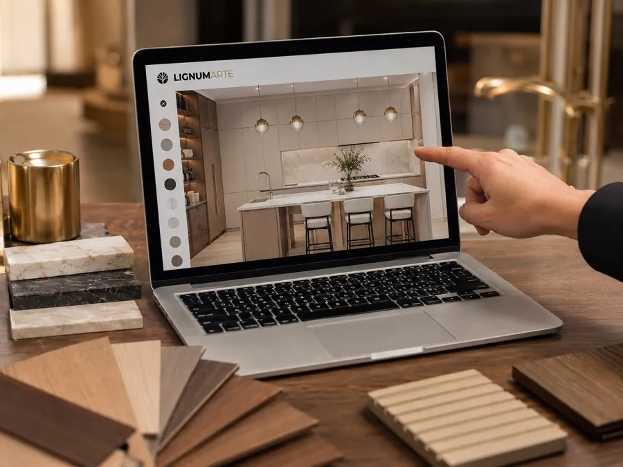 Wizualizacja 3D kuchni na laptopie obok próbników materiałów