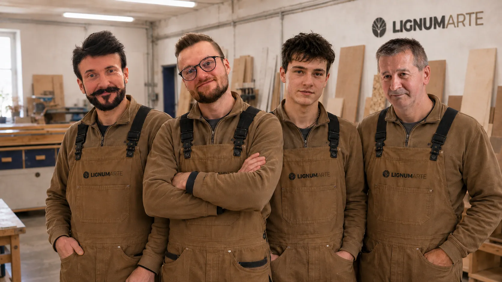 Zespół Lignum Arte — Jakub, Sebastian, Mateusz i Waldemar w warsztacie